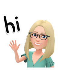 bitmoji of female teacher waving with the words "hi" written